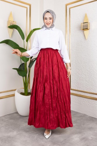 Modaebva - Beli Lastikli Kraş Etek-2040 Bordo