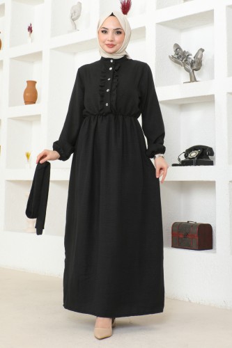 NESSİA - Beli Lastikli Kuşaklı Tesettür Elbise-3851 Siyah