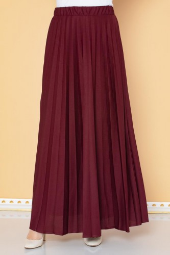 Modaebva - Beli Lastikli Pileli Tesettür Etek-3033 Bordo