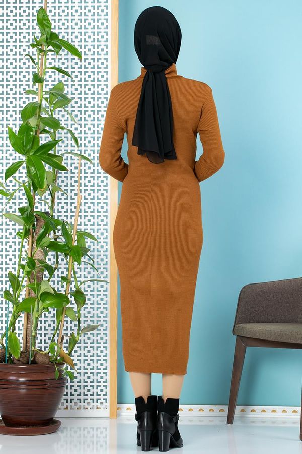 Bilek Üstü Fitilli Tesettür Triko Elbise-300 Hardalsarısı
