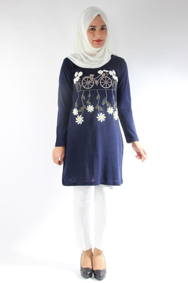 Bisiklet Yaka Çiçekli Triko Tunik-Laci0570