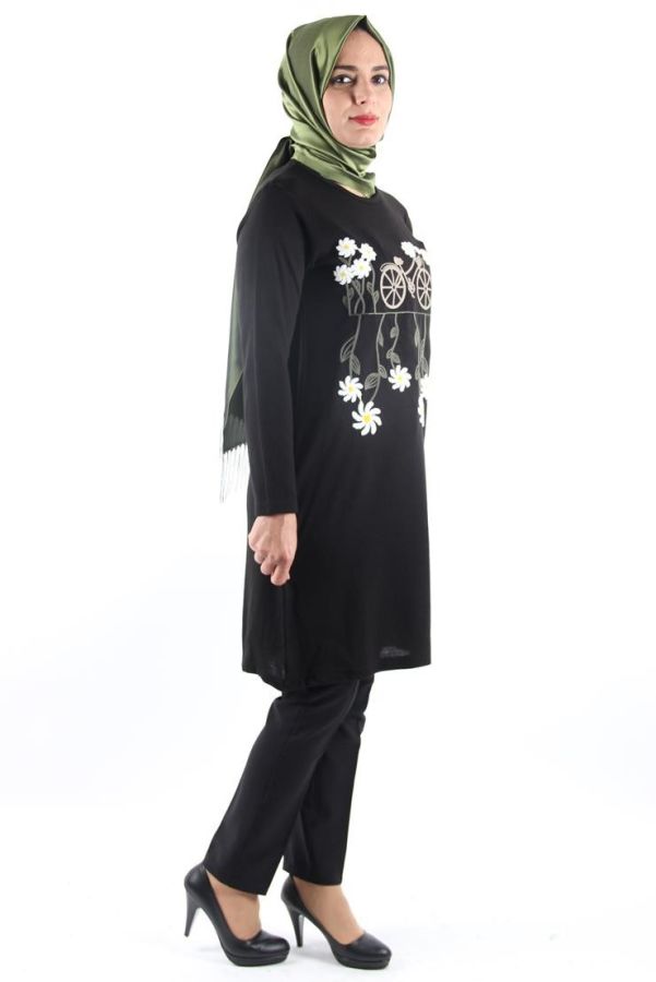 Bisiklet Yaka Çiçekli Triko Tunik-Siyah0570