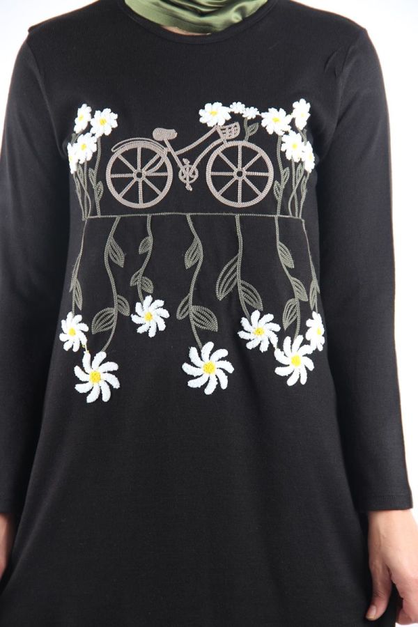 Bisiklet Yaka Çiçekli Triko Tunik-Siyah0570