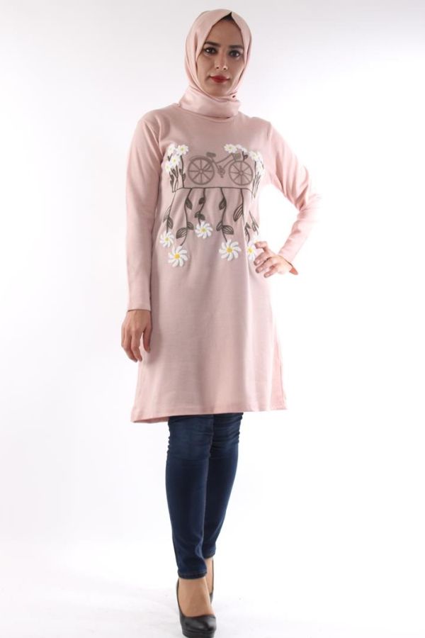 Bisiklet Yaka Çiçekli Triko Tunik-Pudra0570