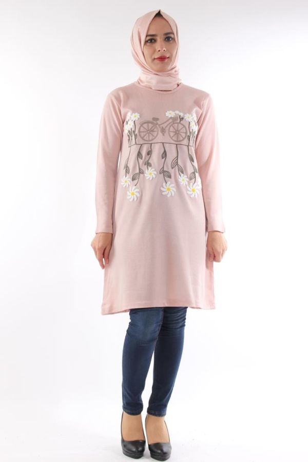 Bisiklet Yaka Çiçekli Triko Tunik-Pudra0570