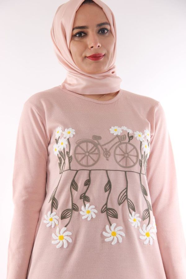 Bisiklet Yaka Çiçekli Triko Tunik-Pudra0570