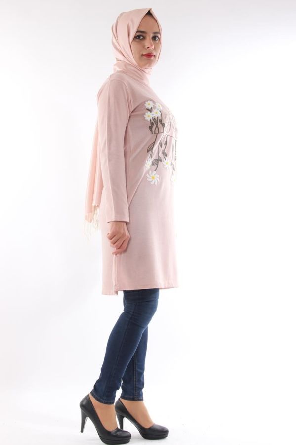 Bisiklet Yaka Çiçekli Triko Tunik-Pudra0570