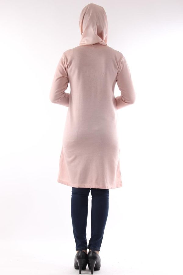 Bisiklet Yaka Çiçekli Triko Tunik-Pudra0570