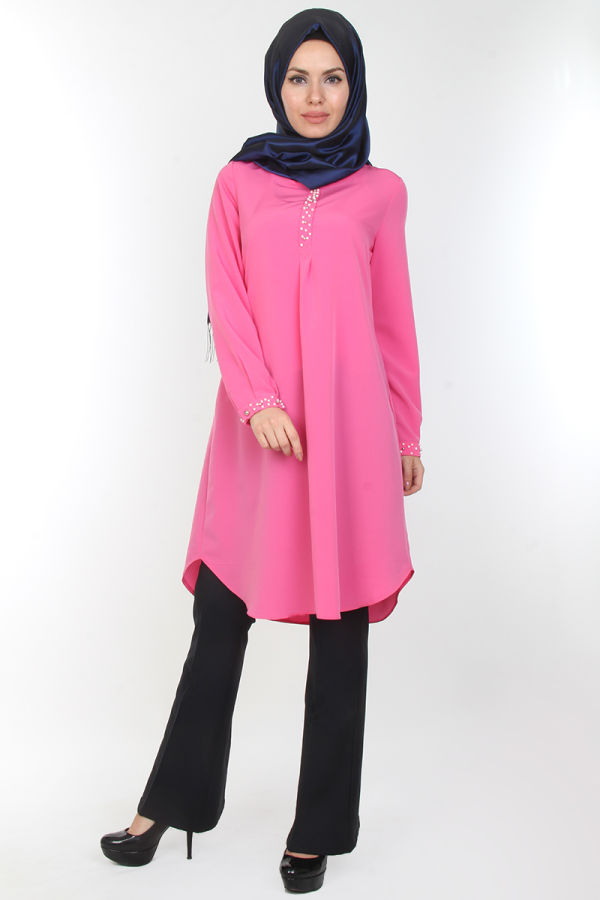 Bisiklet Yaka İnci Detay Tunik-2109Pembe