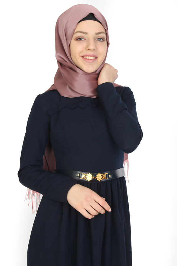 Bisiklet Yaka Kemerli Elbise Lacivert-ZRD1070