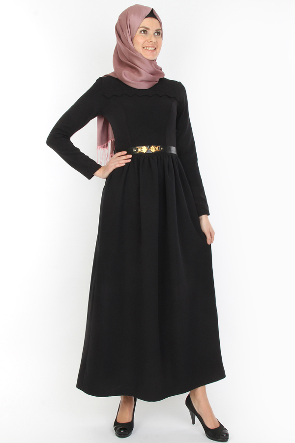 Bisiklet Yaka Kemerli Elbise Siyah-ZRD1070