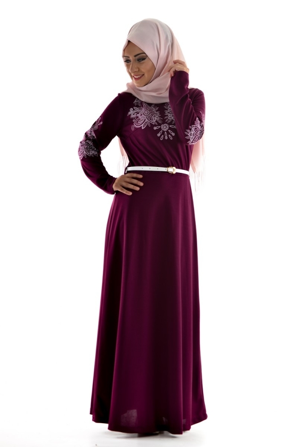 Bordo Kemerli Elbise-3397