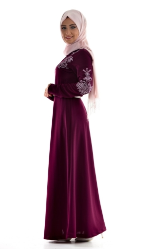 Bordo Kemerli Elbise-3397 - Thumbnail