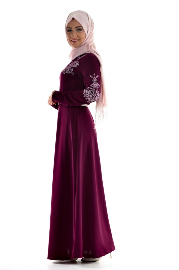 Bordo Kemerli Elbise-3397