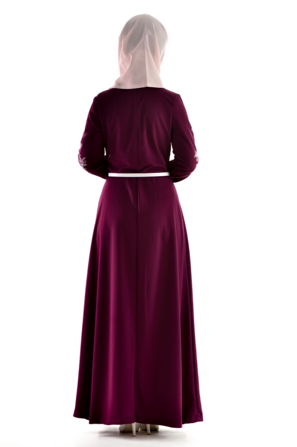 Bordo Kemerli Elbise-3397