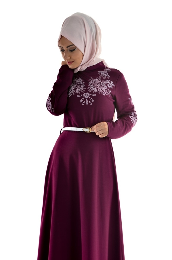 Bordo Kemerli Elbise-3397