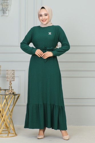 Broşlu Bürümcük Tesettür Elbise-3931 Zümrüt yeşili - Thumbnail