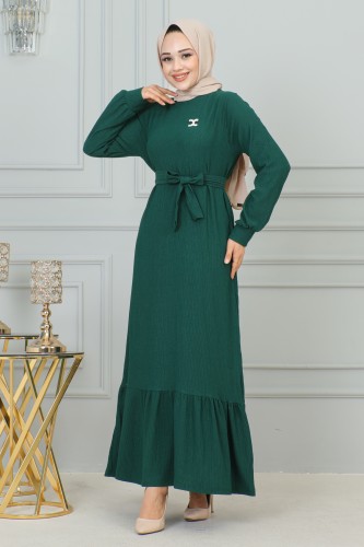 Broşlu Bürümcük Tesettür Elbise-3931 Zümrüt yeşili - Thumbnail