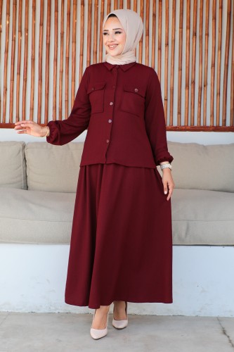 Modaebva - Bürümcük Kumaş Etekli Takım-3152 Bordo