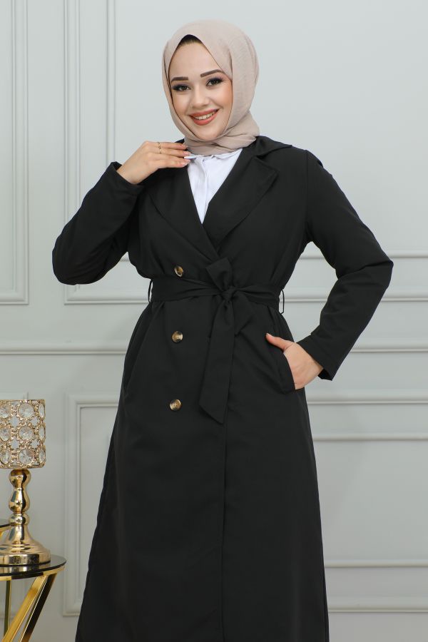 Ceket Yaka Düğmeli Trençkot-1904 Siyah