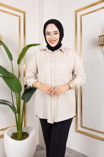 Cep Detaylı Tesettür Gömlek-3037 Bej - Modaebva