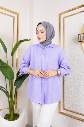 Cep Detaylı Tesettür Gömlek-3037 Lila - Modaebva