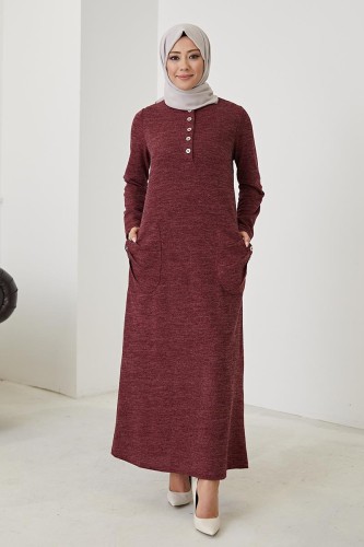 Modaebva - Cepli Düğme Detaylı Tesettür elbise-3070 Bordo (1)