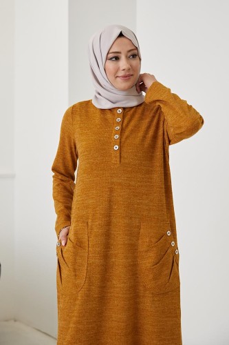 Modaebva - Cepli Düğme Detaylı Tesettür elbise-3070 Hardal (1)