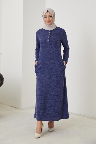 Modaebva - Cepli Düğme Detaylı Tesettür elbise-3070 İndigo (1)