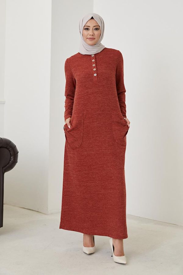 Cepli Düğme Detaylı Tesettür elbise-3070 Kiremit