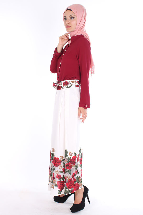 Çiçek Baskılı Etek-039 Krem