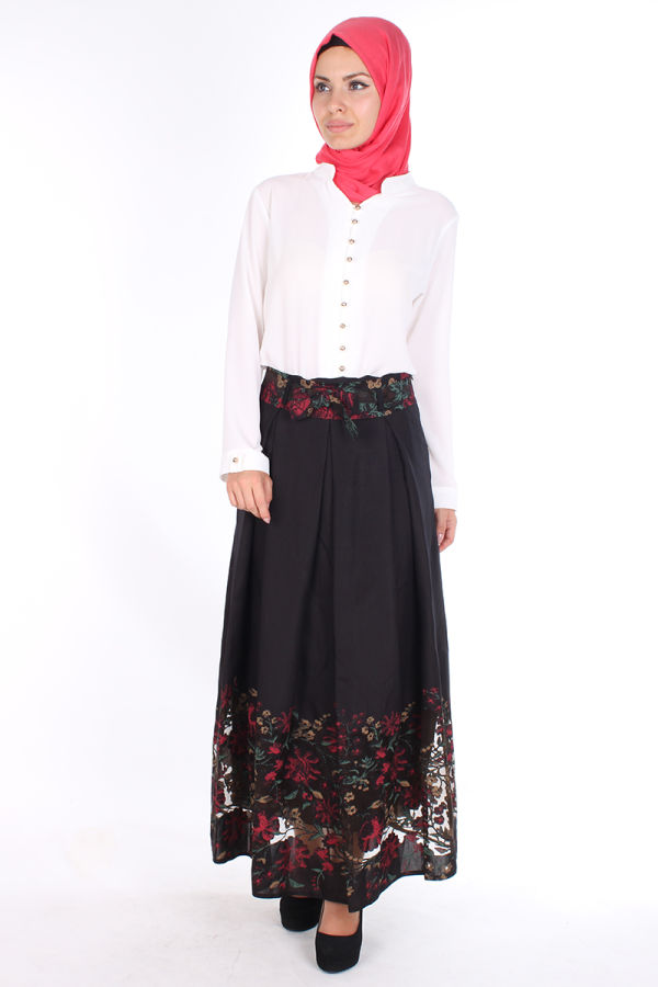 Çiçek Baskılı Etek-039 Siyah