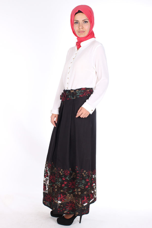 Çiçek Baskılı Etek-039 Siyah