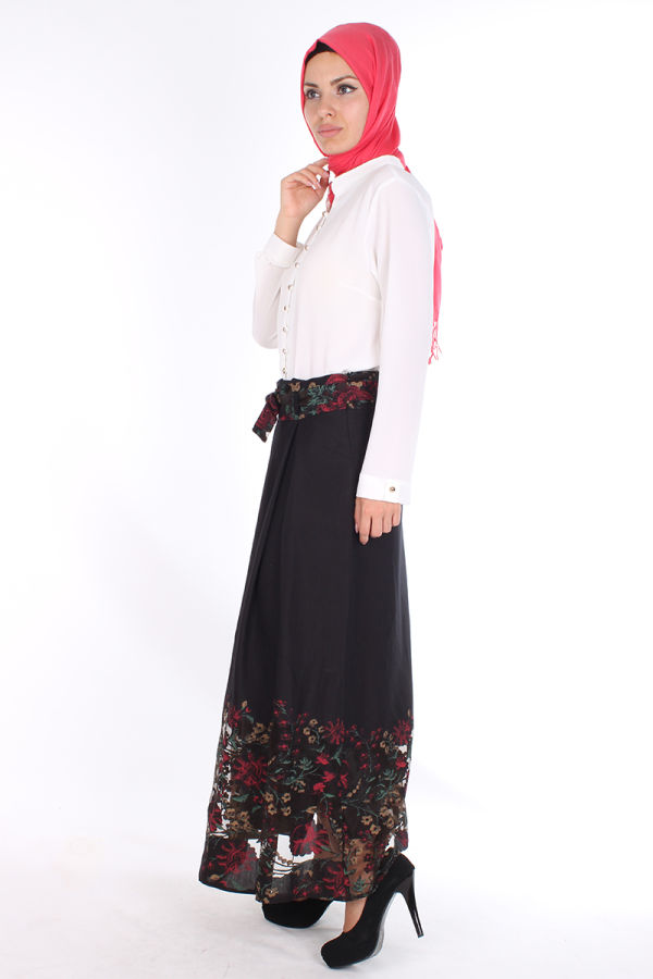 Çiçek Baskılı Etek-039 Siyah