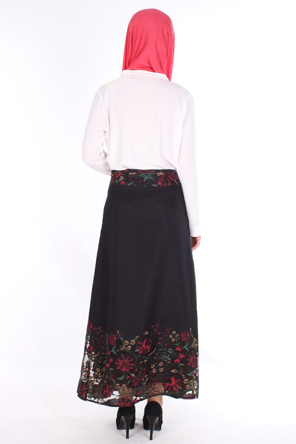 Çiçek Baskılı Etek-039 Siyah