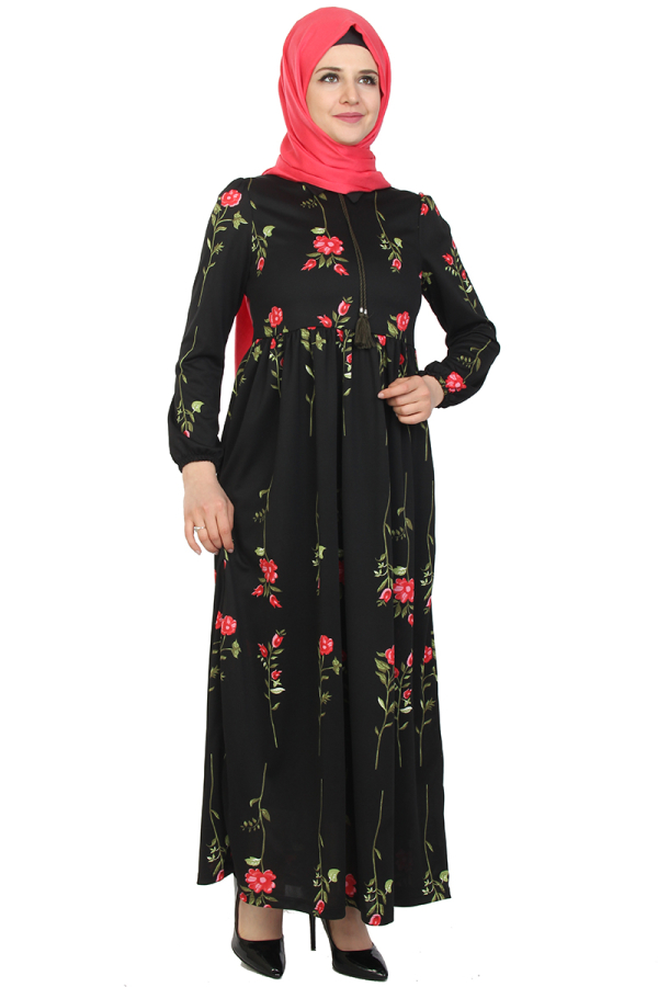Çiçek Desen Elbise-siyah1013