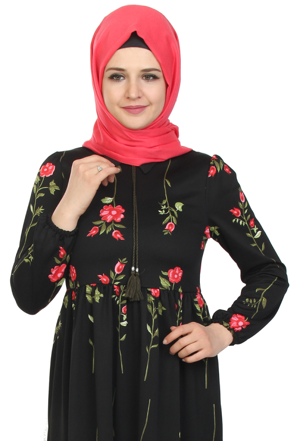 Çiçek Desen Elbise-siyah1013