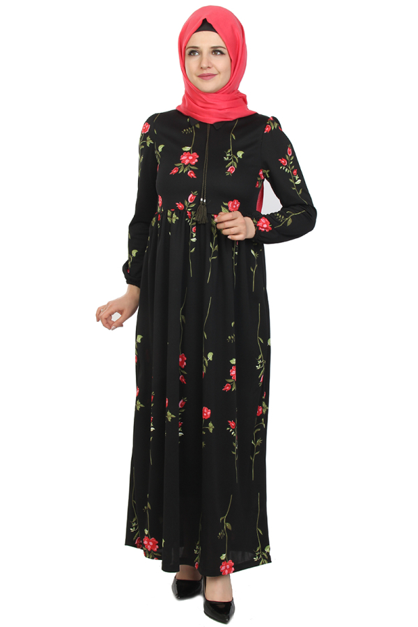 Çiçek Desen Elbise-siyah1013