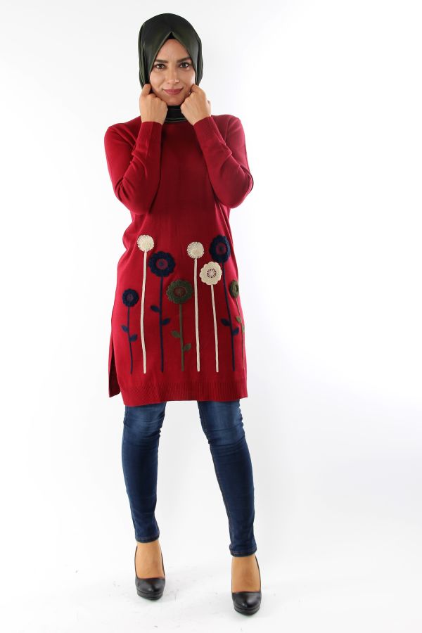 Çiçek Detay Triko Tunik-Bordo0557