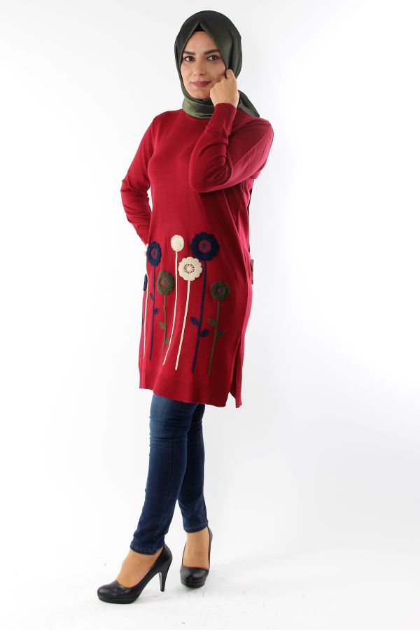 Çiçek Detay Triko Tunik-Bordo0557