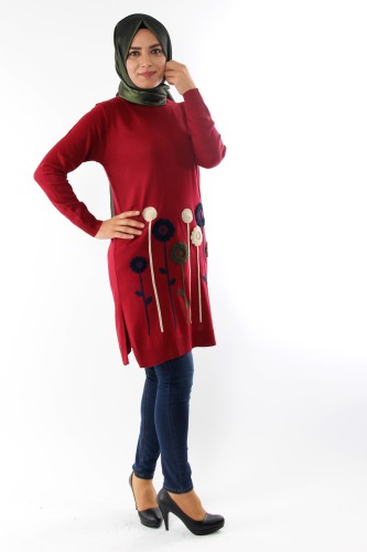 Çiçek Detay Triko Tunik-Bordo0557 - Thumbnail