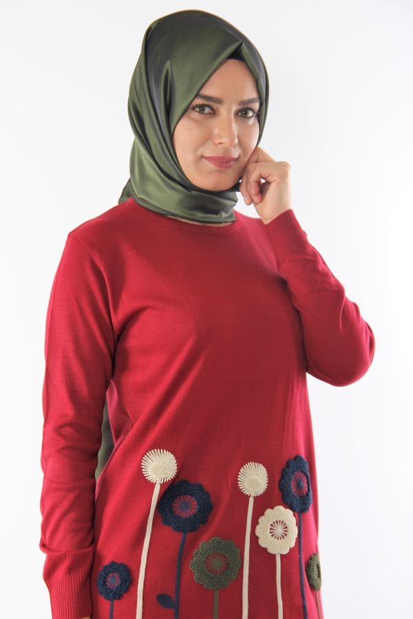 Çiçek Detay Triko Tunik-Bordo0557