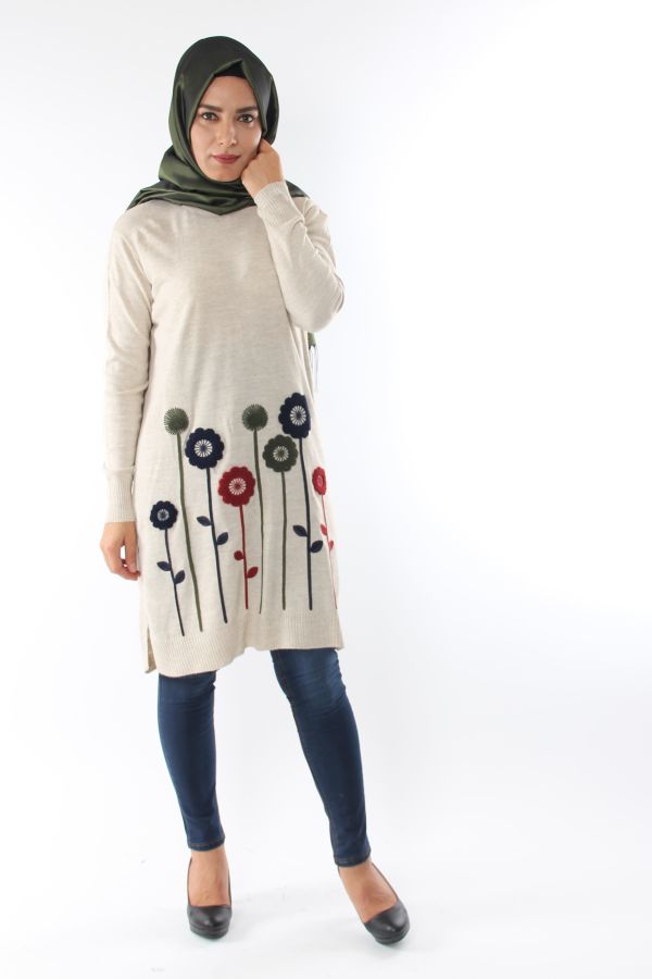 Çiçek Detay Triko Tunik-Krem0557