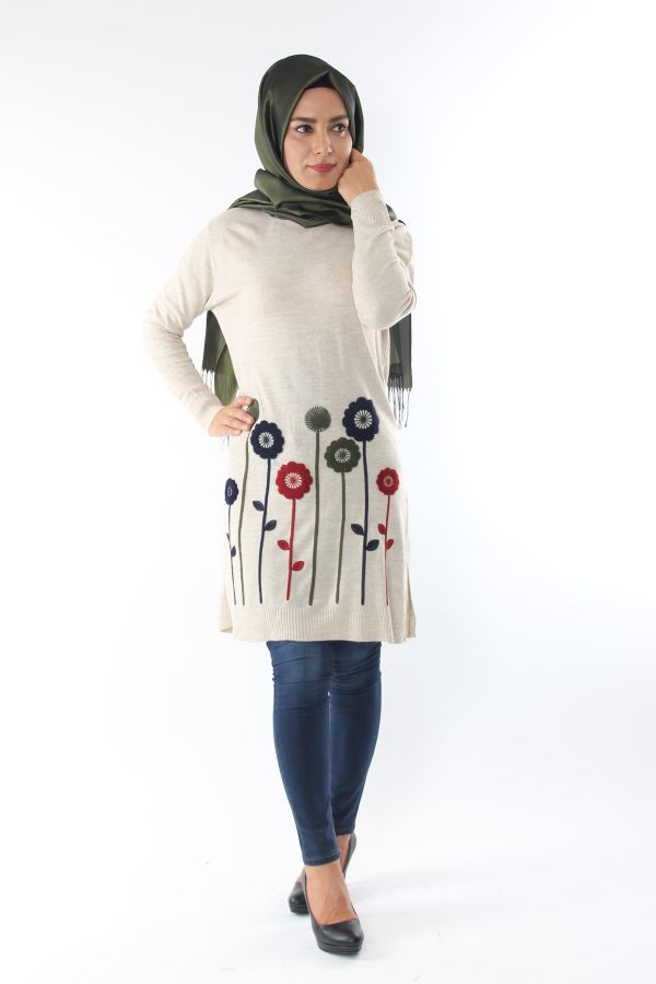 Çiçek Detay Triko Tunik-Krem0557