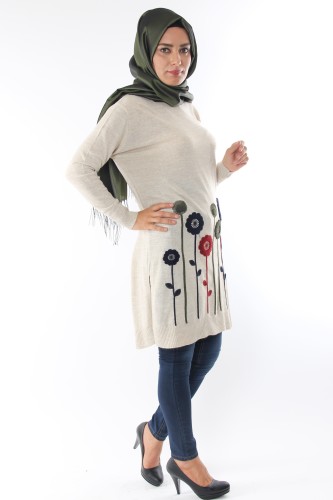 Çiçek Detay Triko Tunik-Krem0557 - Thumbnail