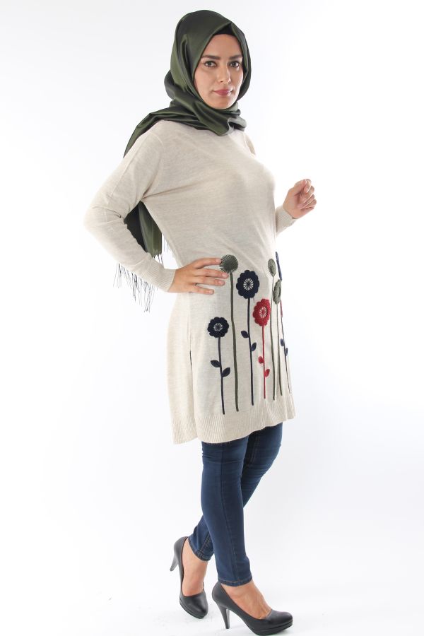 Çiçek Detay Triko Tunik-Krem0557