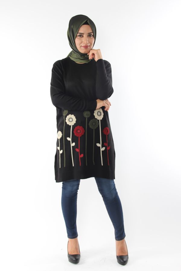 Çiçek Detay Triko Tunik-Siyah0557