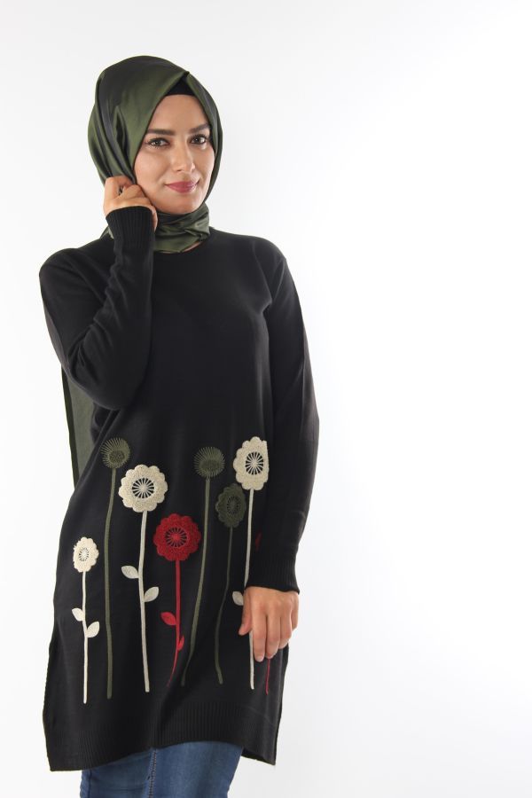 Çiçek Detay Triko Tunik-Siyah0557