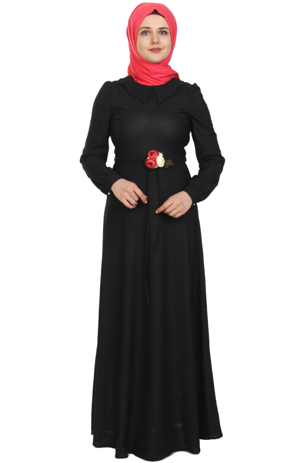 Çiçek Kemerli Elbise-Siyah0081