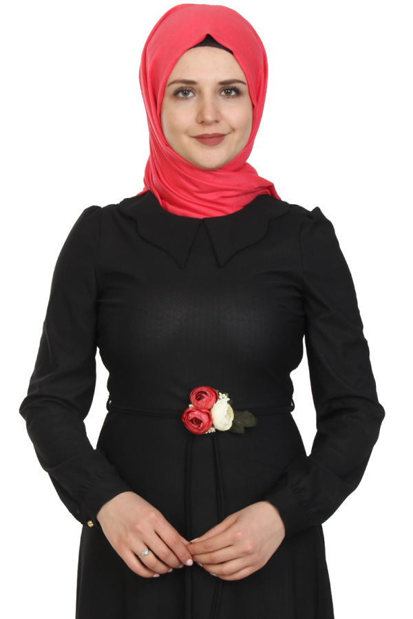 Çiçek Kemerli Elbise-Siyah0081